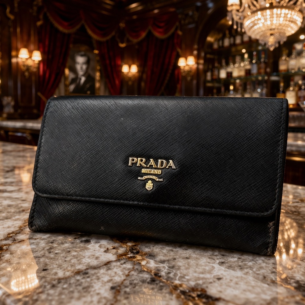 Prada Black Leather Wallet with Gold Accents